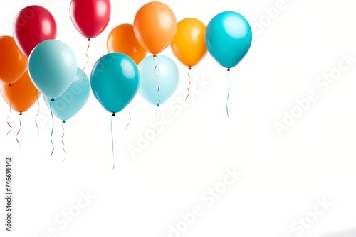 A dynamic shot capturing a bunch of helium-filled birthday balloons floating freely against a white background  creating a sense of joy and excitement.