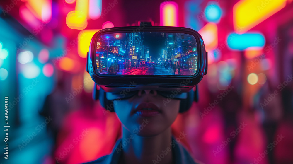 © silvia - Tech-Savvy Adventure Woman Experiencing Virtual Reality with Neon Lights, Copy Space © silvia - Tech-Savvy Adventure Woman Experiencing Virtual Reality with Neon Lights, Copy Space