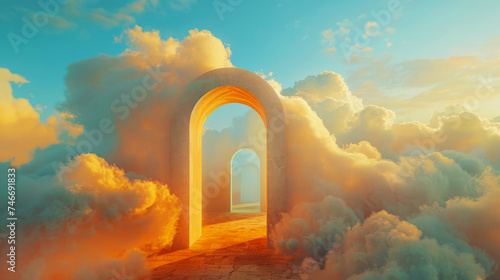 Gates of Heaven. 3D Render of an Entrance Doorway to the Sky with Clouds.