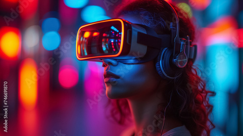 Neon Cybernetics Woman Wearing VR Helmet in a Futuristic Virtual Reality Experience © silvia