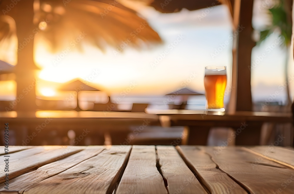 Empty wooden table with beach background for product placement, palm trees at the sides. Generative ai Empty wooden table with beach background for product placement, palm trees at the sides. Generative ai