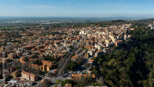 Aerial view of Genzano di Roma, a town and comune in the Metropolitan City of Rome, Italy. The historic center is located in the Alban Hills and part of the Castelli Romani.
