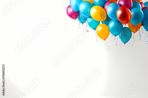 A dynamic shot capturing a bunch of birthday balloons floating freely against a white background, providing ample space for custom messages and copy.