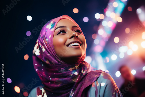 Digital generative ai collage image of charming muslim girl look on festive illuminated party