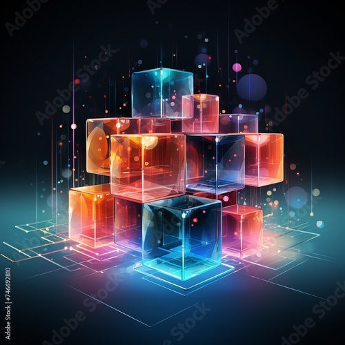 Colorful 3D vector illustration of an arrangement of cubes and a polygonal mesh Blockchain technology. Information blocks in volumetric composition. Edge glowing neon lights