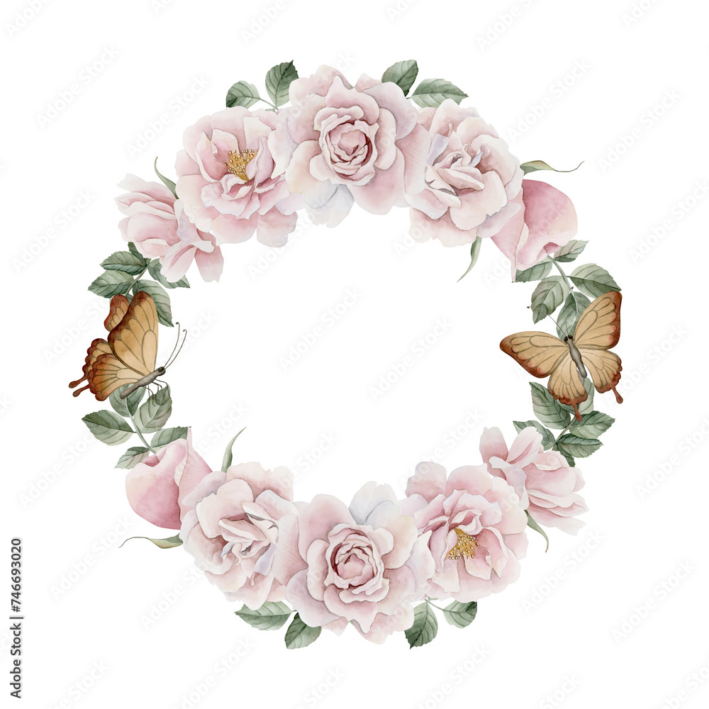 Wreath of pink rose hip flowers with leaves and butterflies. Floral watercolor illustration