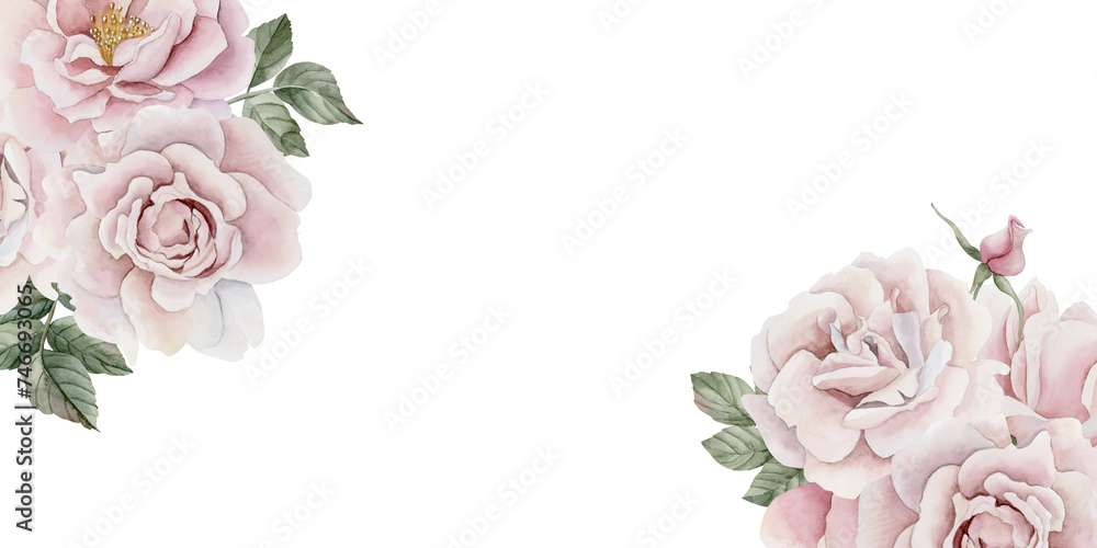 Horizontal frame of pink rose hip flowers, buds and leaves, Victorian style rose. Floral watercolor illustration - obrazy, fototapety, plakaty 