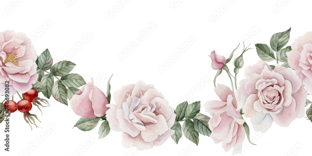 Horizontal seamless border of pink rose hip flowers, buds, leaves and berries. Victorian style.