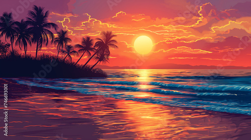 A panoramic sunset over a tranquil beach, with silhouettes of palm trees and gentle waves, evoking relaxation and vacation photo