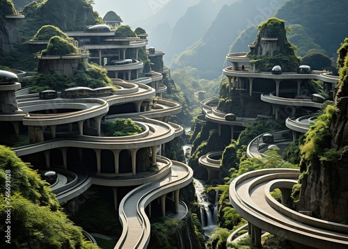 an aerial view of a road surrounded by mountains, reinforced concrete construction, high quality, precisionist lines, curved mirrors, exacting precision photo