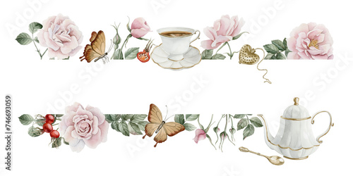 Horizontal frame of rose hip flowers, berries, leaves, white porcelain teaware and butterflies. Watercolor illustration photo
