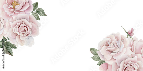 Horizontal frame of pink rose hip flowers, buds and leaves, Victorian style rose. Floral watercolor illustration