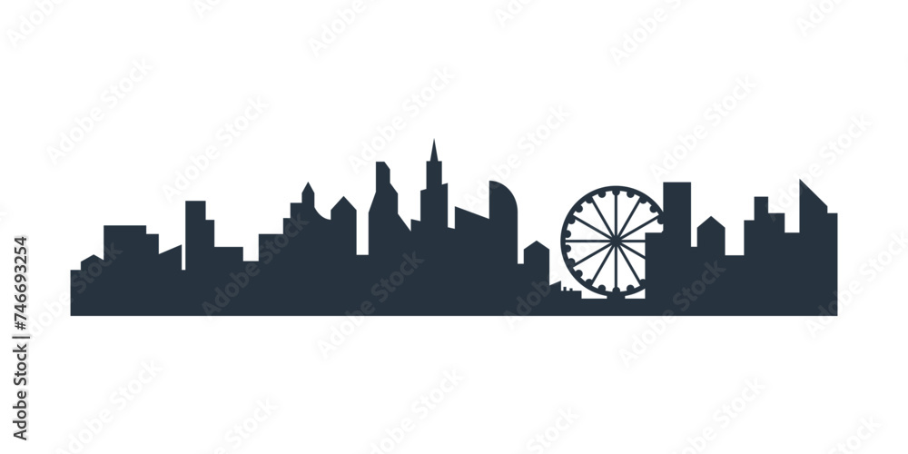 City silhouette black simple banner with Ferris wheel, downtown buildings vector illustration