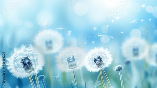 Soft focus on dandelions flower  extreme closeup  abstract blue spring nature background