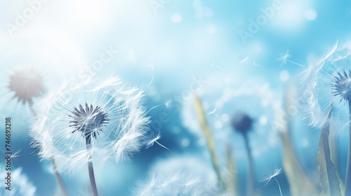 Soft focus on dandelions flower, extreme closeup, abstract blue spring nature background