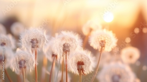 Spring background with light transparent flowers dandelions at sunset in pastel light golden tones macro with soft focus. Delicate airy elegant artistic image of nature  pastel colored