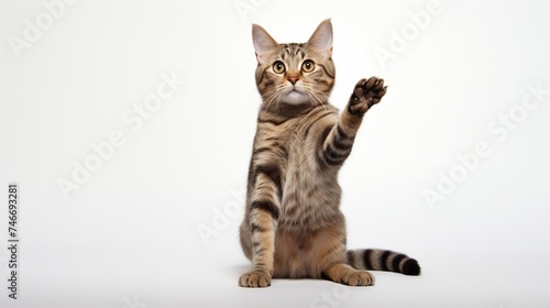 Studio portrait of tabby cat standing on back two legs with paws up against a white backdrop photo