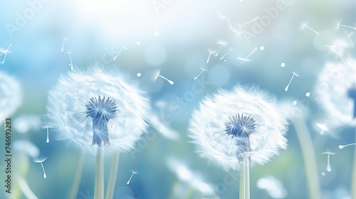 Soft focus on dandelions flower  extreme closeup  abstract blue spring nature background