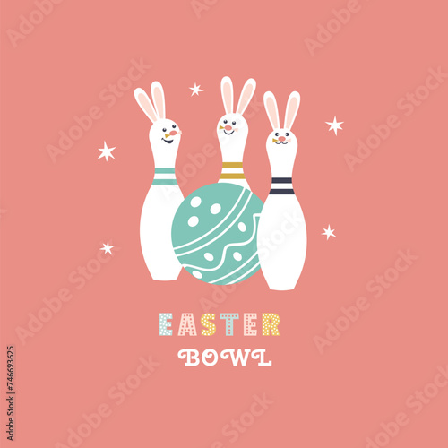 Easter Bowl festive cheer event cute design vector icon. Bowling pin, Easter bunny ears, eggs, ball cartoon clipart. Easter spring holidays bowling club team play competition background illustration