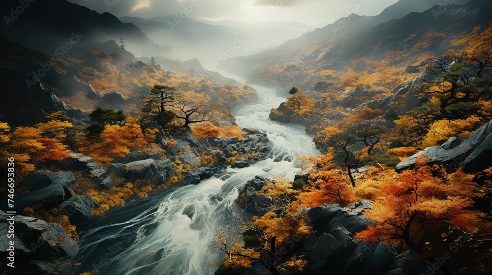 an aerial view of trees in the color of autumn, in the style of animated gifs, romantic riverscapes, yankeecore, captures the essence of nature, adventurecore, meticulously crafted scenes
