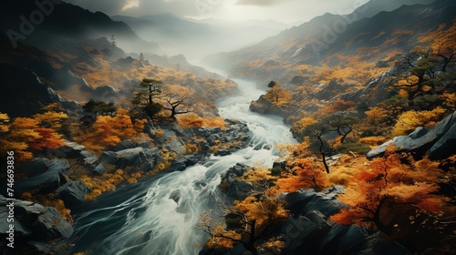 an aerial view of trees in the color of autumn, in the style of animated gifs, romantic riverscapes, yankeecore, captures the essence of nature, adventurecore, meticulously crafted scenes © Smilego