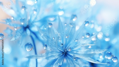 Transparent drops of water on a dandelion macro flower. Sparkling droplets water. Beautiful bright blue floral background. Amazing startling colorful artistic image of nature