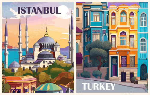 Set of Istanbul, Turkey Travel Destination Posters in retro style. European summer vacation, international holidays concept. Vintage vector colorful art illustrations.