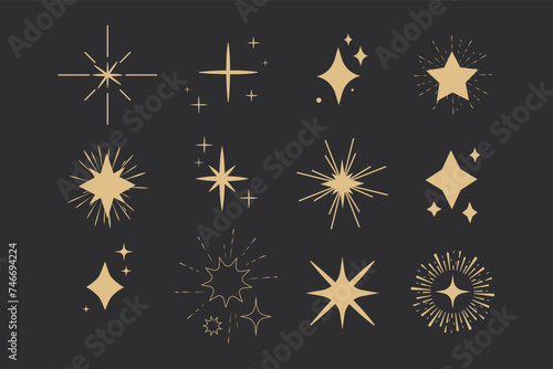 Set sparkle fireworks, star blink doodle gold sparkle holiday party explosion isolated on dark background. Golden magic celestial starburst
