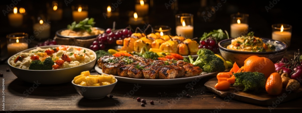 food on the festive table with drinks and candles, Friendsgiving, holiday, party food ideas concept. banner