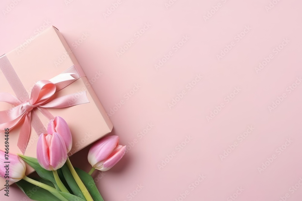 Top view of a stylish pink gift box with ribbon and fresh pink tulips on a soft pink background. Elegant Gift Box with Pink Tulips Top view of a stylish pink gift box with ribbon and fresh pink tulips on a soft pink background. Elegant Gift Box with Pink Tulips