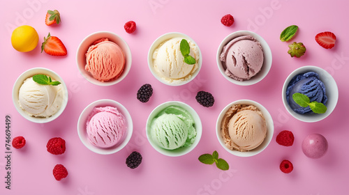 White Bowls Filled with Assorted Ice Cream Scoops  Topped with Berries  Resting on a Pink Surface