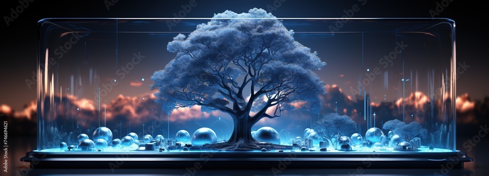 an android tablet with a digital business and trees on it, in the style of mechanized abstraction, dark blue and light aquamarine, human-canvas integration, dynamic motion, blueprint, abstraction - obrazy, fototapety, plakaty 