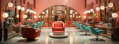 interior of beauty salon, visual style in pink colors , retro style. vintage aesthetics of the 60s. banner