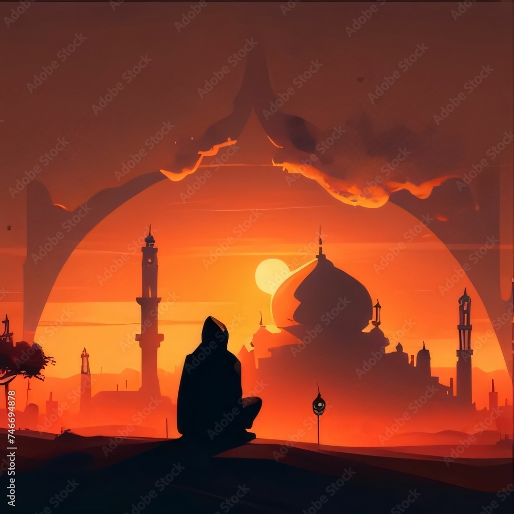 Illustration, a man wearing a hoodie sitting in front of a silhouette of a mosque at sunset. Ramadan as a time of fasting and prayer for Muslims.