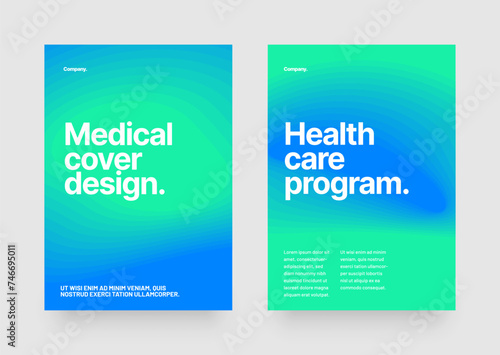 A modern medical cover design in electric blue and green with message, suitable for health care program advertising. Abstract fluid gradient with graphics and multimedia elements.