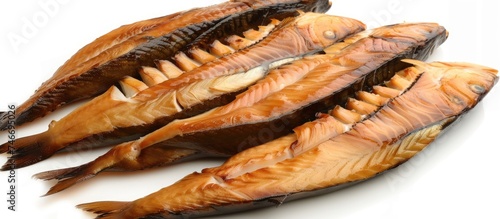 A pile of dried fish is neatly arranged on top of a white table, showcasing their texture and color. The dried fish appear to be ready for consumption or further seasoning.