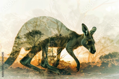 A kangaroo silhouette merged with the outback landscape of Australia in a double exposure