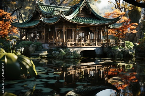 an asian pagoda on the pond of the garden, in the style of grid-like structures, dark silver and green, light indigo and dark brown, curved mirrors, 32k uhd, chinpunk