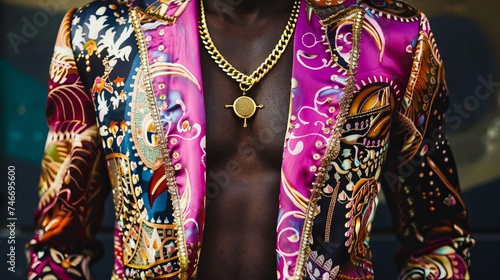colored silk shirts with intricate patterns or bold prints. These shirts are often unbuttoned halfway, revealing his chest and gold chains, adding to his machismo and ostentatious good persona.