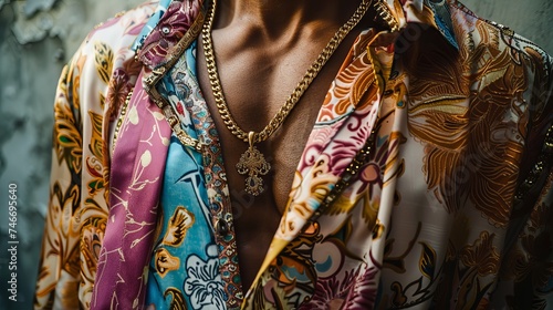 colored silk shirts with intricate patterns or bold prints. These shirts are often unbuttoned halfway, revealing his chest and gold chains, adding to his machismo and ostentatious persona.