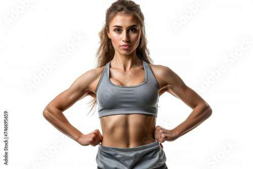 Portrait of smart woman posing for exercise isolated on white background, wearing sport shirt for workout at fitness, healthy body.