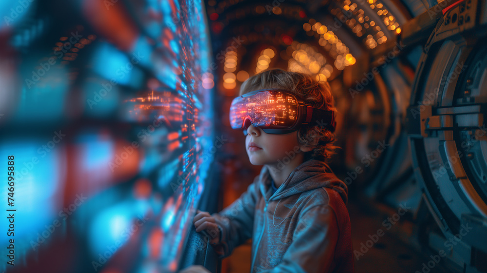 Neon Adventure Child in VR Glasses and Augmented Reality