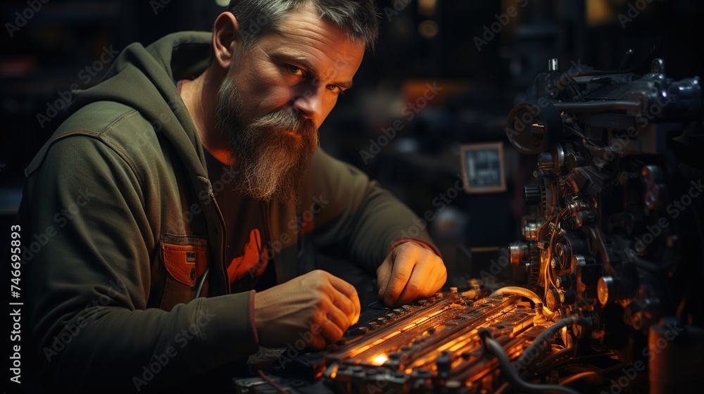 an auto mechanic inspecting the engine under his car, in the style of dark orange and light maroon, vibrant, high-energy imagery, solarizing master, photobash, eco-friendly craftsmanship, nonrepresent