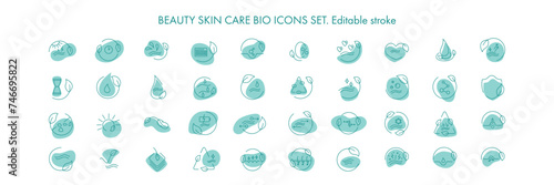 Beauty skin care bio icon pack set for patch, cream, mask cosmetic and beauty product, medical clinic, web, packaging. Vector stock illustration isolated on white background. Editable stroke.