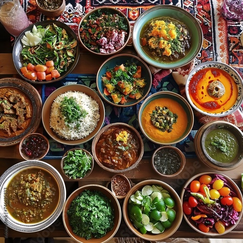 An aerial view of the colorful food in bowls. At the end of Ramadan. Ramadan as a time of fasting and prayer for Muslims. © Hawk