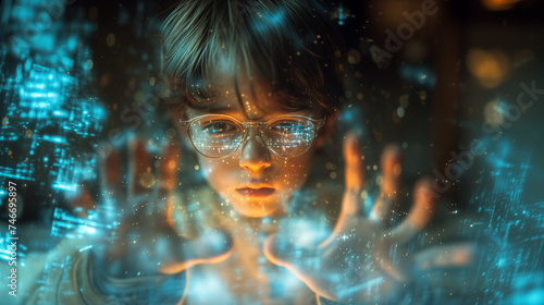 Futuristic Scholar Kid Controls Hologram in Virtual Reality