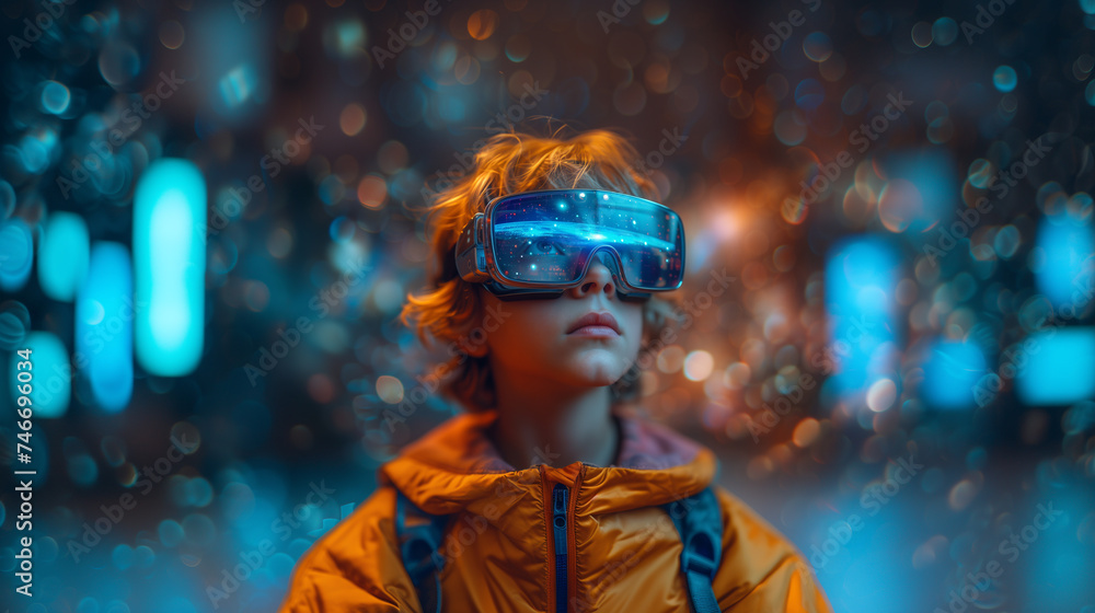 Tech Enchantment Child with VR Glasses and Neon Lights Tech Enchantment Child with VR Glasses and Neon Lights