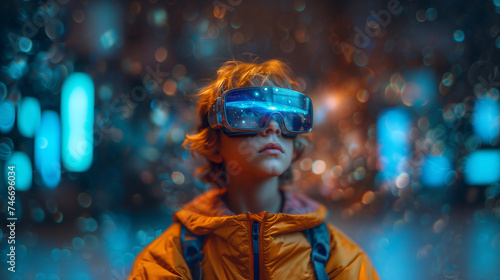Tech Enchantment Child with VR Glasses and Neon Lights