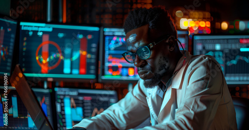 Focused Black Stock Broker Trading in a Dynamic Market. Intense black stock broker analyzing fluctuating financial charts on computer screens in a dark, illuminated trading room.