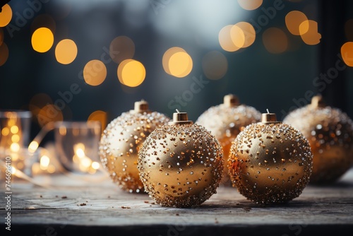 an christmas background with gold baubles with snow, in the style of light installations, light-focused